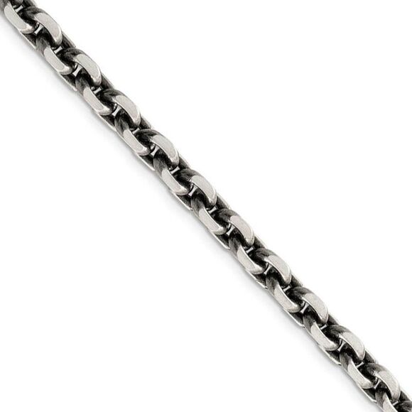Mens 7mm Sterling Silver Antiqued Beveled Cable Chain Necklace 24 Inch